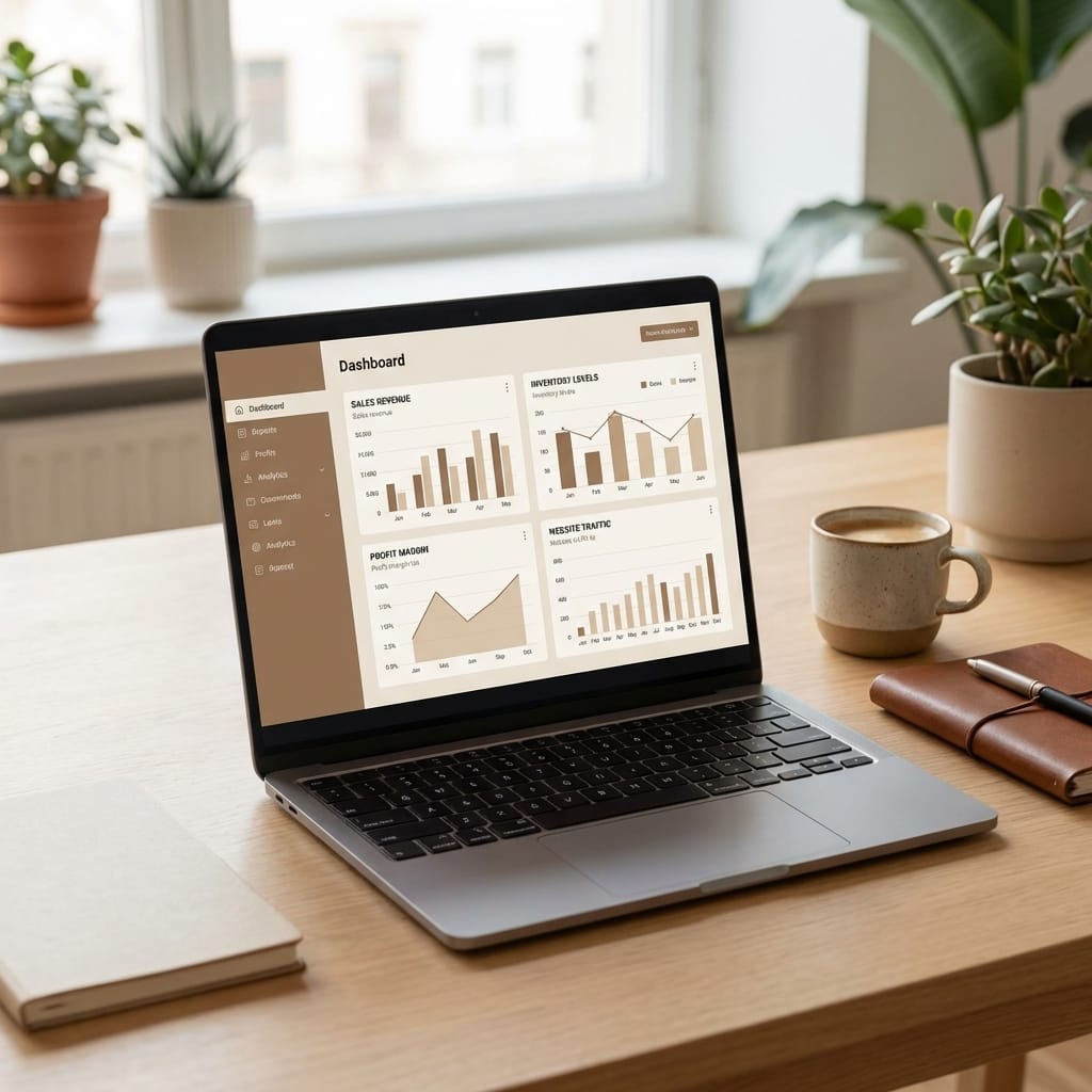 Dashboard sistem manajemen bisnis menampilkan analitik penjualan, stok inventaris, dan laporan otomatis