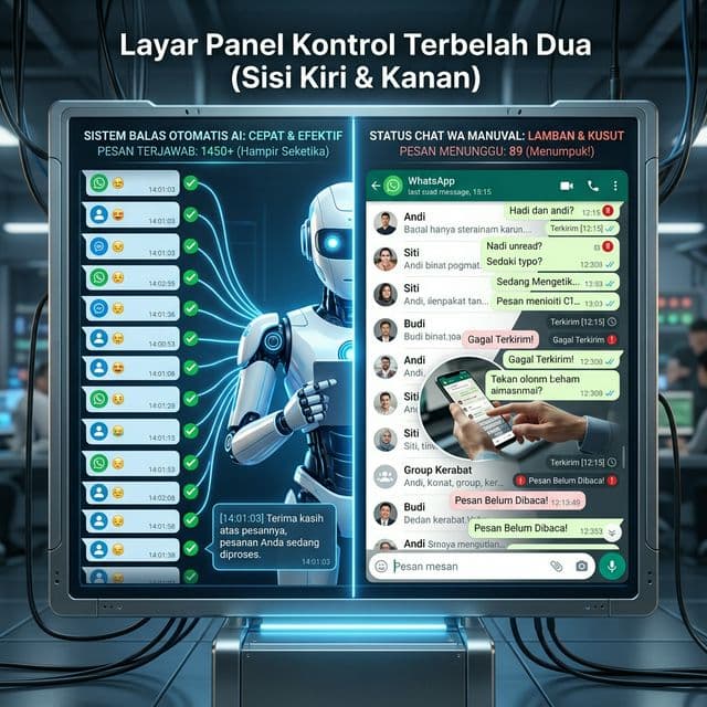 Panel kontrol split-screen; satu sisi memperlihatkan logo robot AI membalas pesan bertumpuk dengan cepat, sisi lainnya menunjukkan layar chat konvensional yang macet dan kusut dikelilingi teks WhatsApp error. pastikan menempatkan semua subjek/teks penting persis di tengah gambar (center focal point)